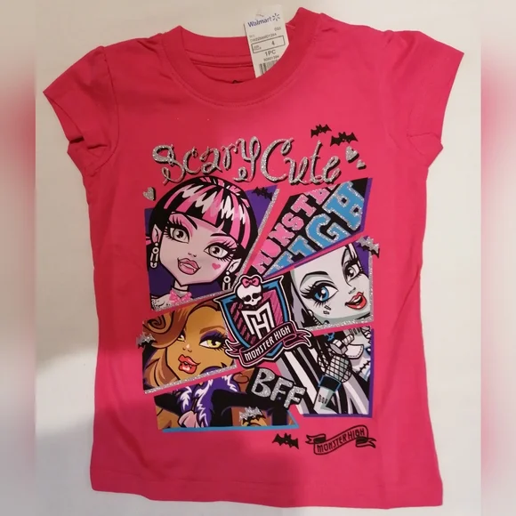 🔥SALE🔥 Monster High Girl's Scary Cute Pink Shirt Sleeved Tee NWT Size 4 - Picture 1 of 7